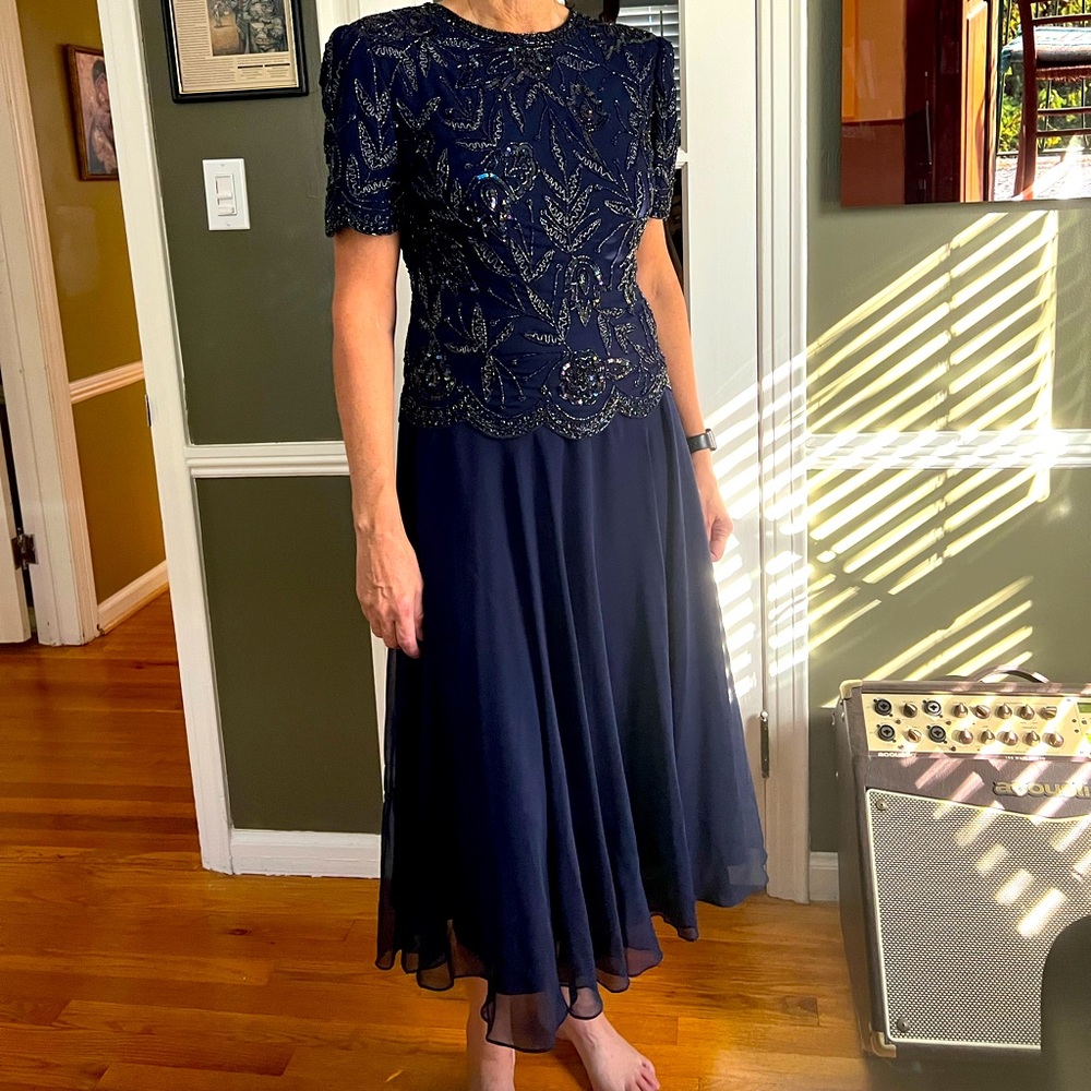 Blue flowing dress with sequin top